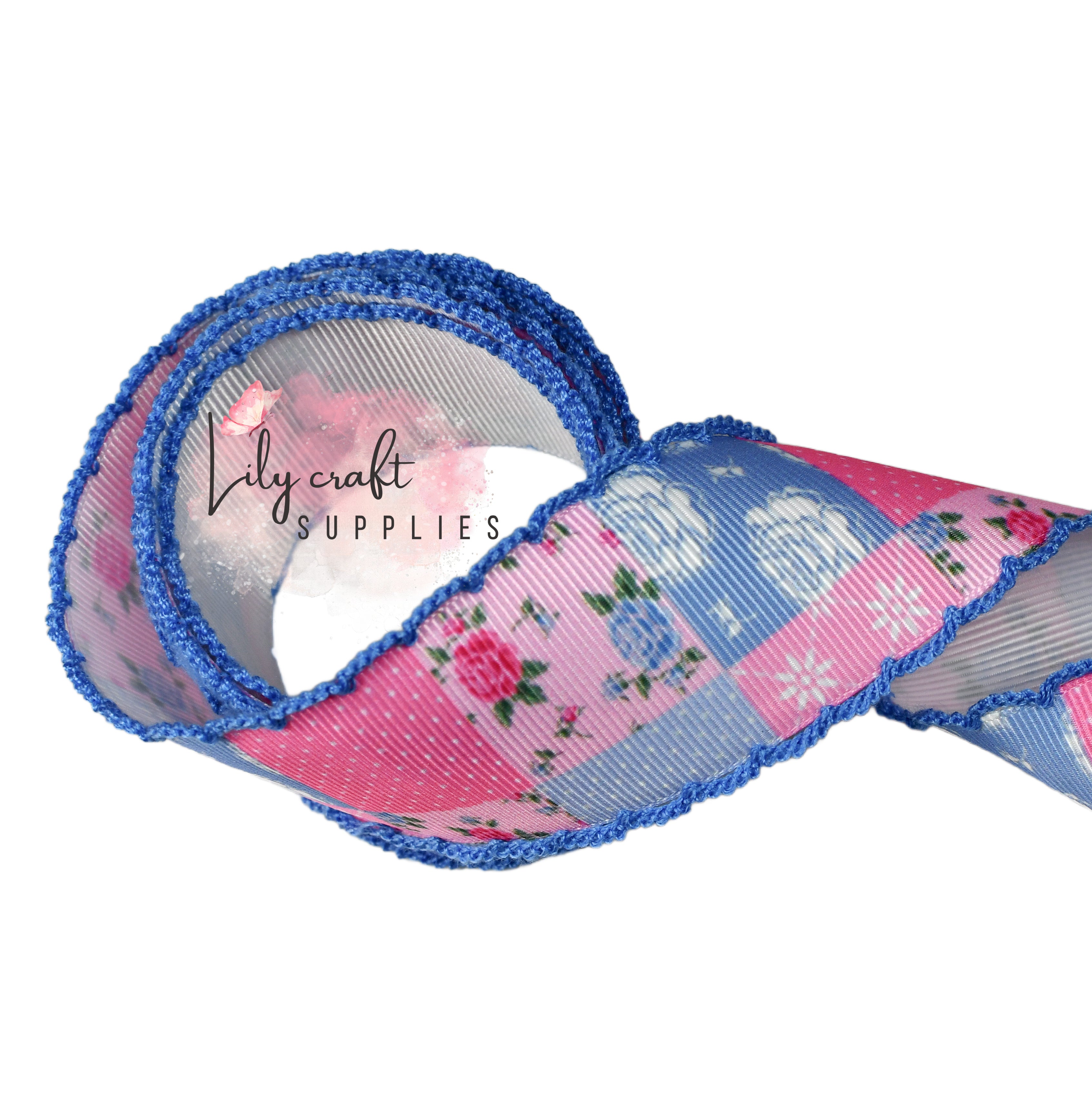 Hotpink and Blue Patchworks moonstitch ribbon