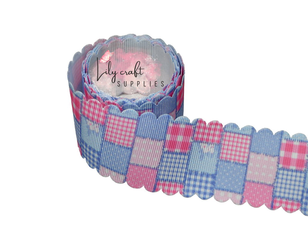Pink and blue patchwork scalloped