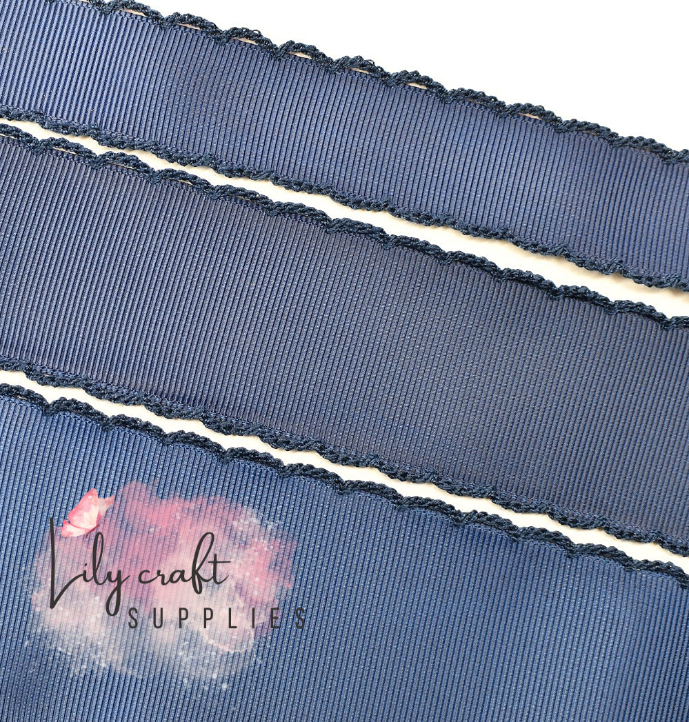 7/8”, 1.5”, 2”, 2.25”, 3” French blue with matching moonstitch -Grosgrain