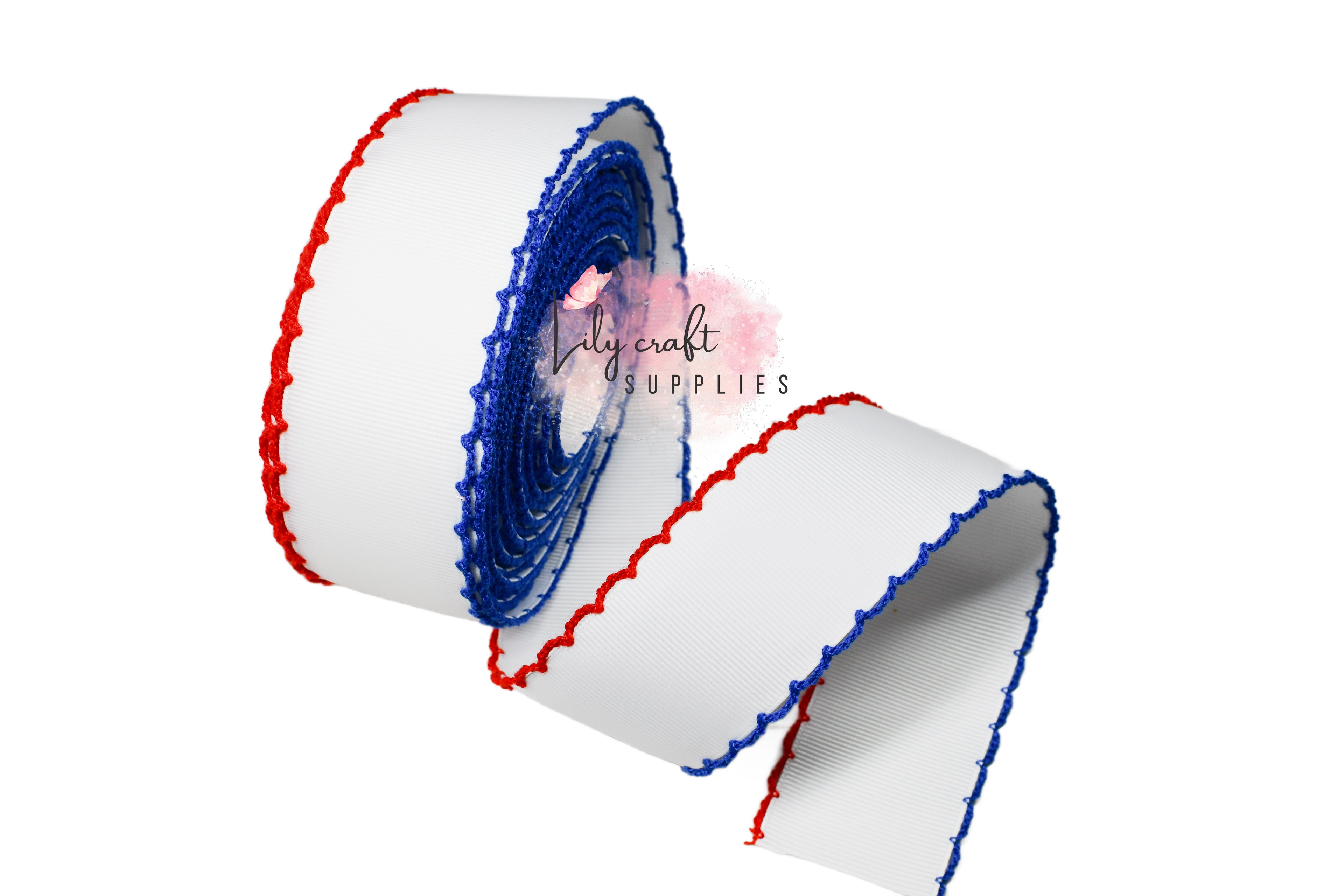 White grosgrain with red and blue moonstitch