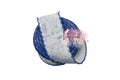 white and Blue Patchworks with a hint of ye llow moonstitch ribbon